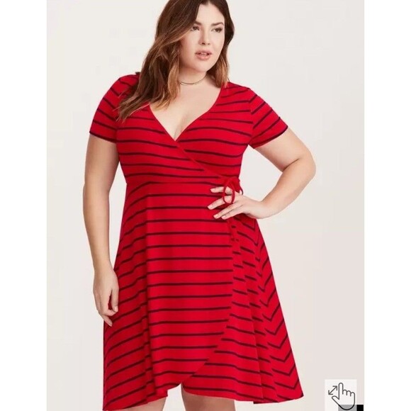 Torrid Womens Dress 1X Striped Wrap Knit Jersey Short Sleeve Red and Navy Blue - Picture 1 of 8